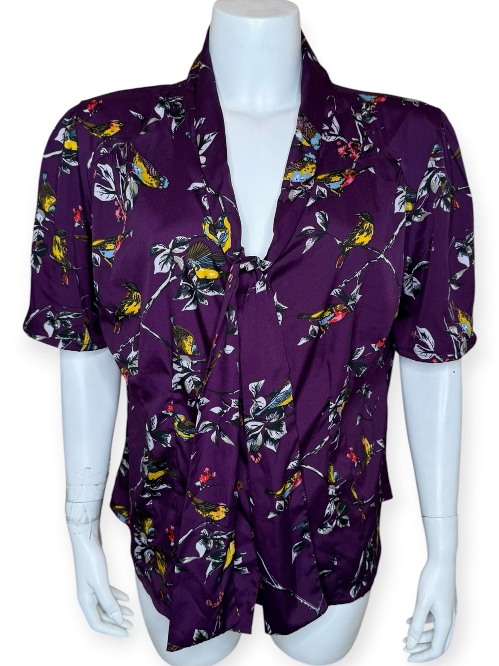 Hell Bunny Bird Print Top Blouse UK 3XL Tie Neck Button-Up Purple